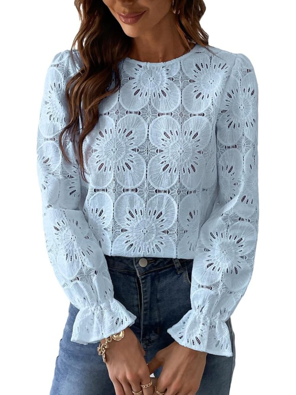 Women's Lace Eyelet Puff Sleeve Blouse
